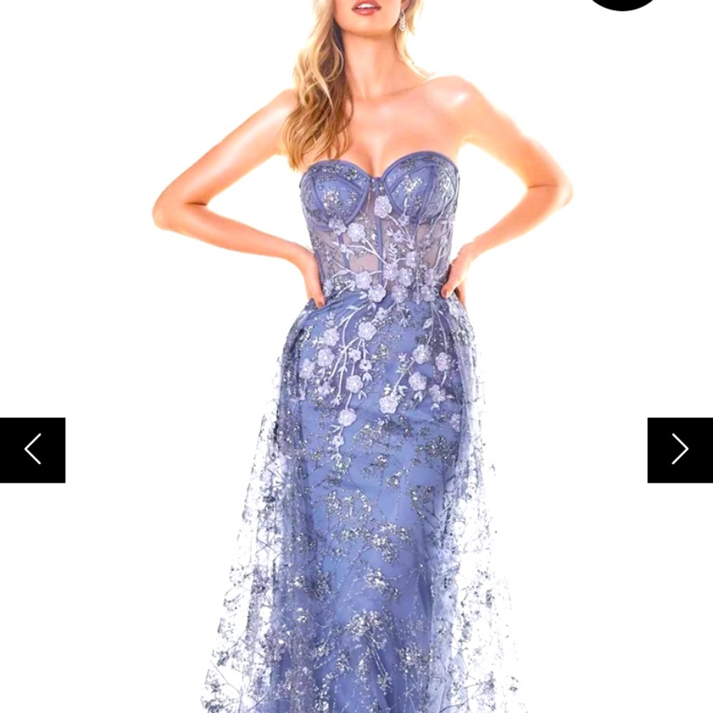 Cinderella Divine Smoky Blue Floral Appliqued Bustier Overskirt Gown (Size 14)